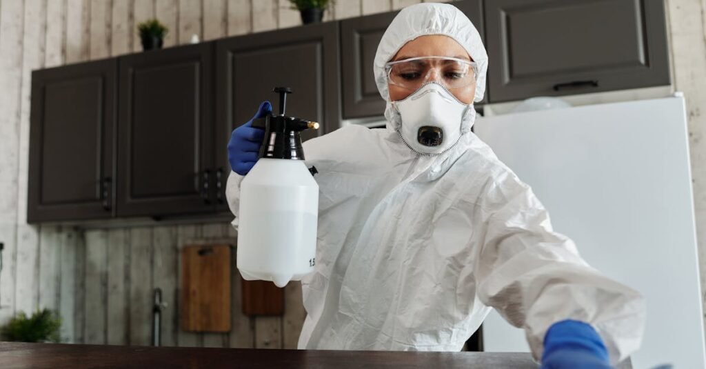 A woman in protective gear disinfecting an indoor area using a spray bottle.